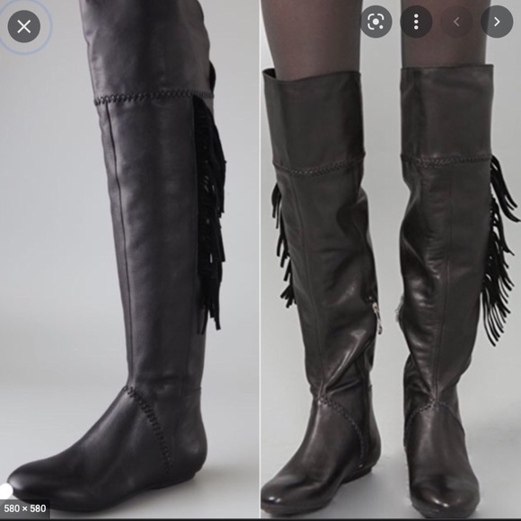 House of Harlow Black Leather Fringe Knee High Flat Footed Boots - Picture 1 of 11